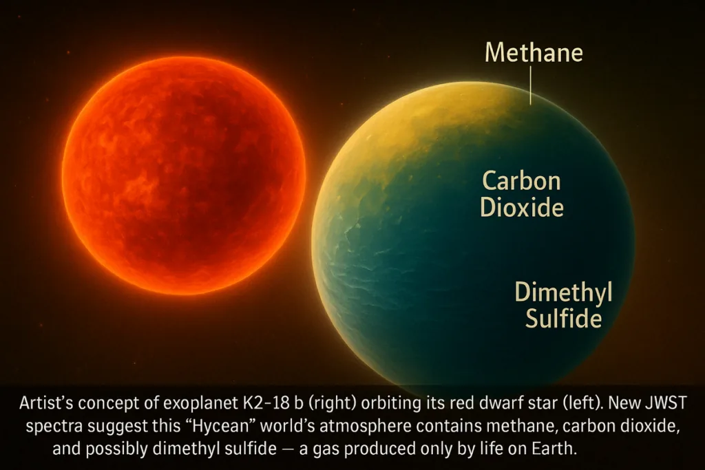 Artist’s concept of exoplanet K2-18 b (right) orbiting its red dwarf star (left). New JWST spectra suggest this “Hycean” world’s atmosphere contains methane, carbon dioxide, and possibly dimethyl sulfide — a gas produced only by life on Earth. 